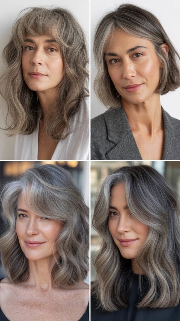 Wispy Curtain Bangs With Salt-And-Pepper Waves