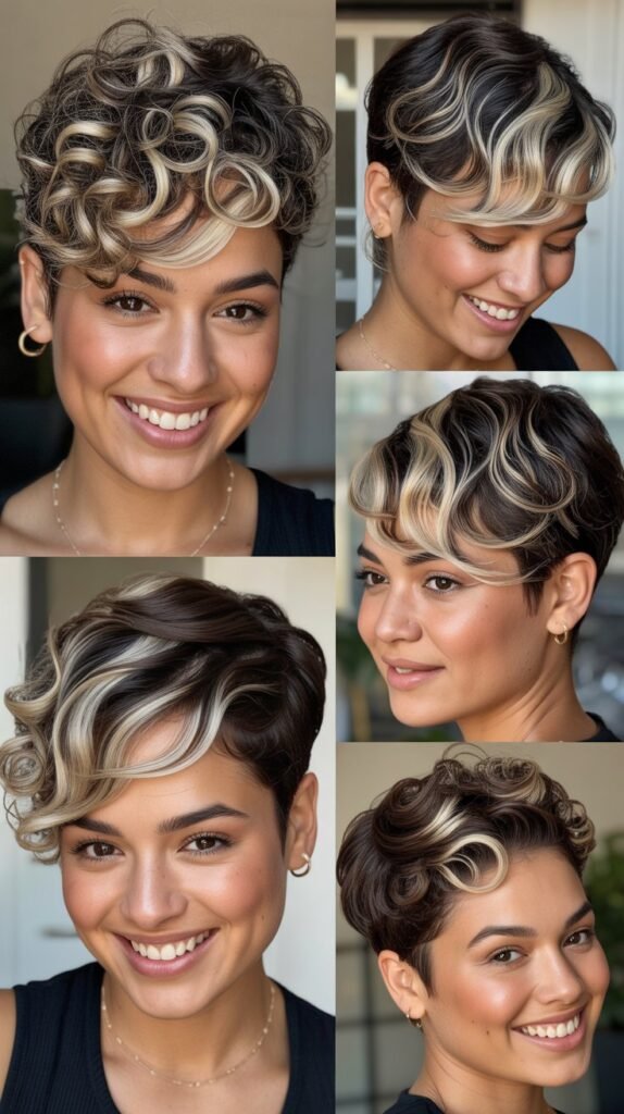 Platinum Blonde Highlights on Dark Curly Pixie