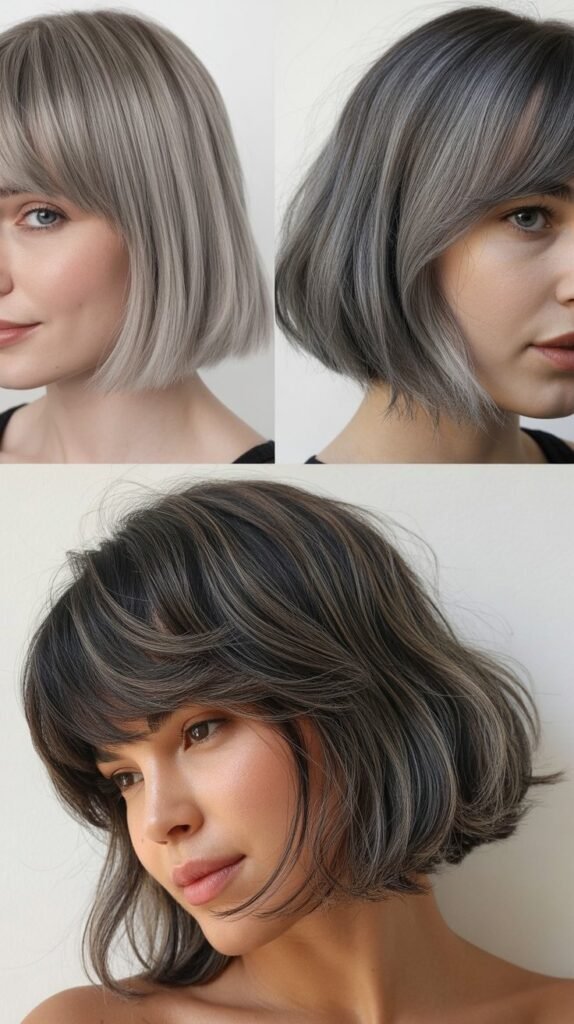 Curtain Bangs with Gray Angled Bob