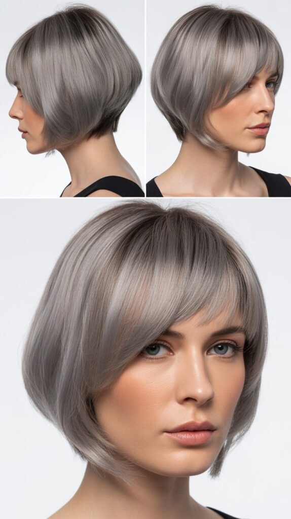  Asymmetrical Bangs with Gray A-Line Bob