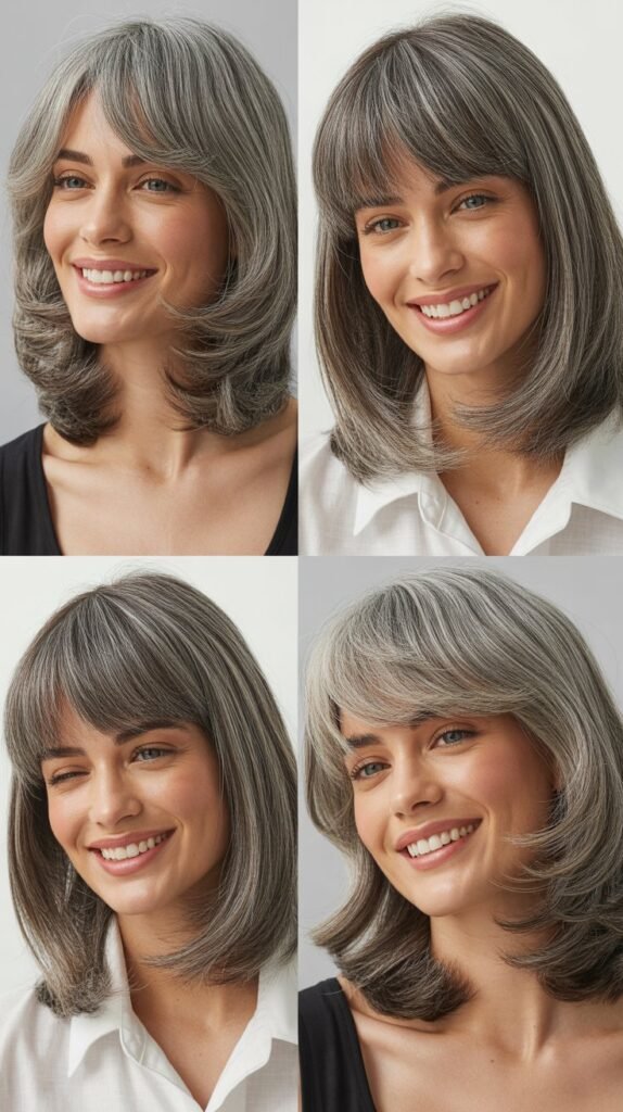 Classic Curtain Bangs With Shoulder-Length Gray Layers