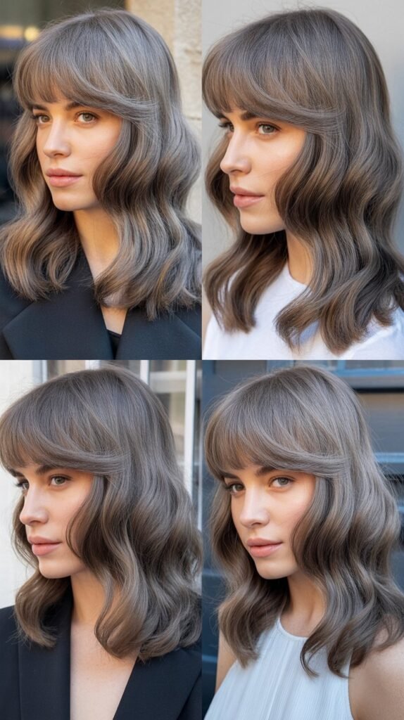 Feathered Arched Bangs With Moonstone Gray Medium Waves