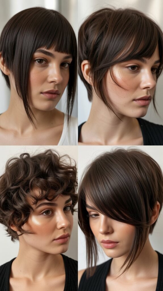 Dark Chocolate Brown Pixie with Long Bangs