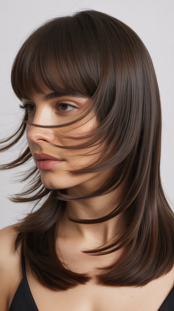 Defined Wispy Bangs with Sleek Straight Layers