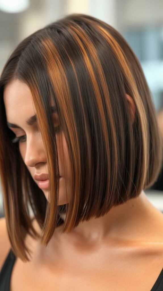 7. Caramel Highlights with Blunt Cuts