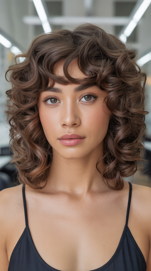  Shoulder-Length Curly Cut with Curtain Bangs for Round Faces