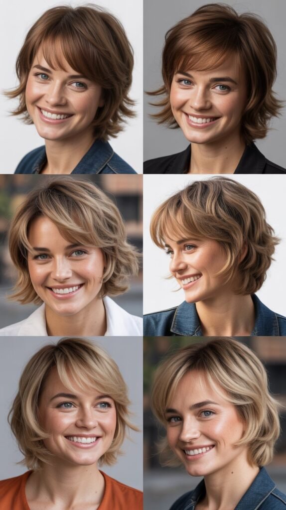 Feathered Wispy Bangs With Choppy Layered Bobs: Textured Sophistication