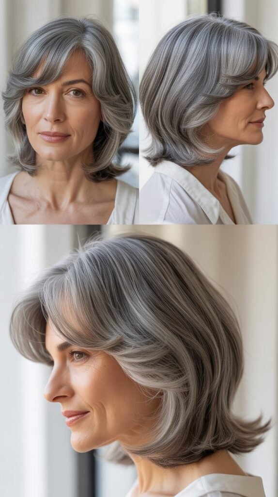 Face-Framing Curtain Bangs for Gray Shoulder Length Hair