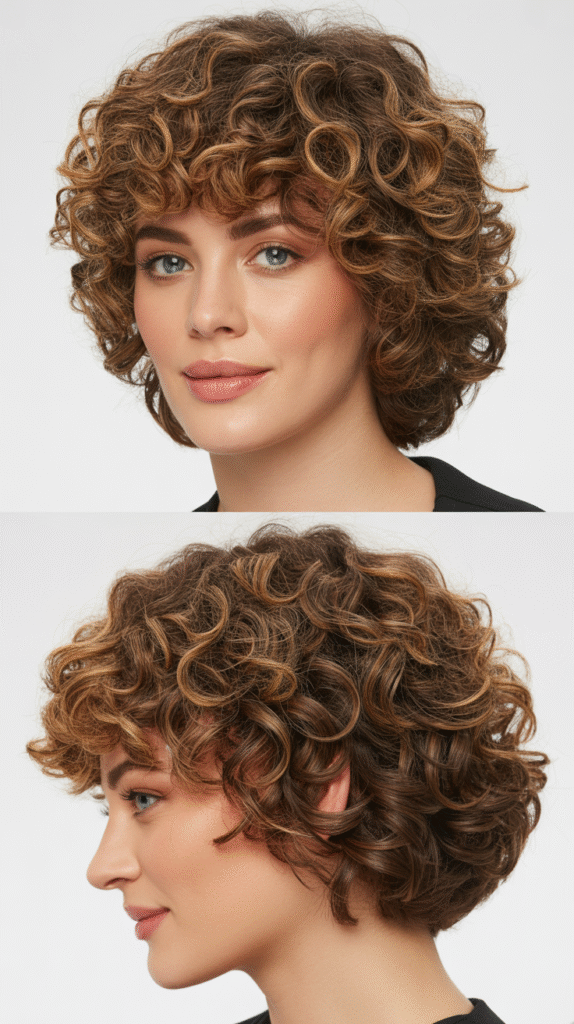 Curly Cut with Layered Crown and Blunt Perimeter