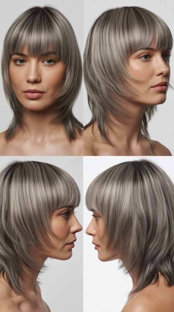 Blunt Bangs with Gray Layered Medium Cut