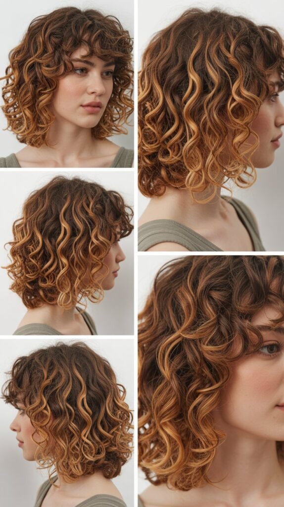 Caramel and Honey Mixed Highlights on Shoulder-Length Curls