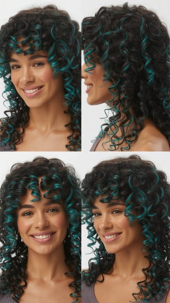  Teal Blue Highlights on Black Curly Wig