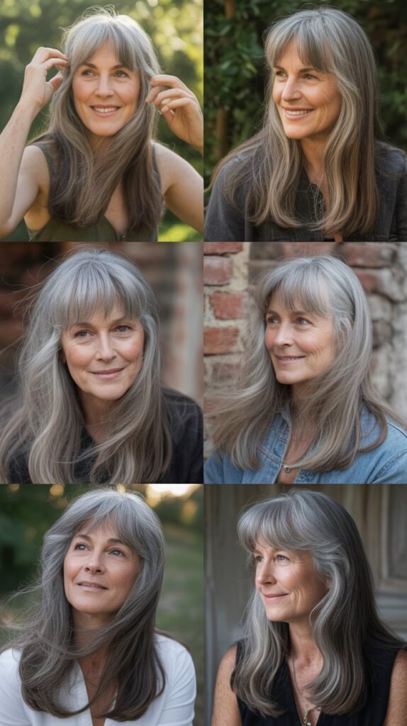 Long Gray Hair with Wispy Fringe: Romantic and Easy