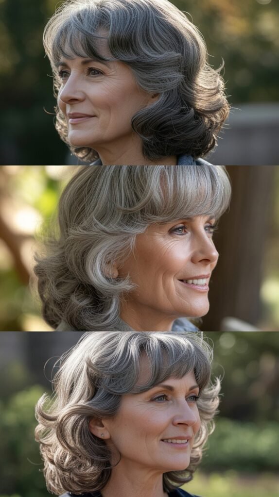 Side-Swept Bangs with Wavy Gray Medium Hair