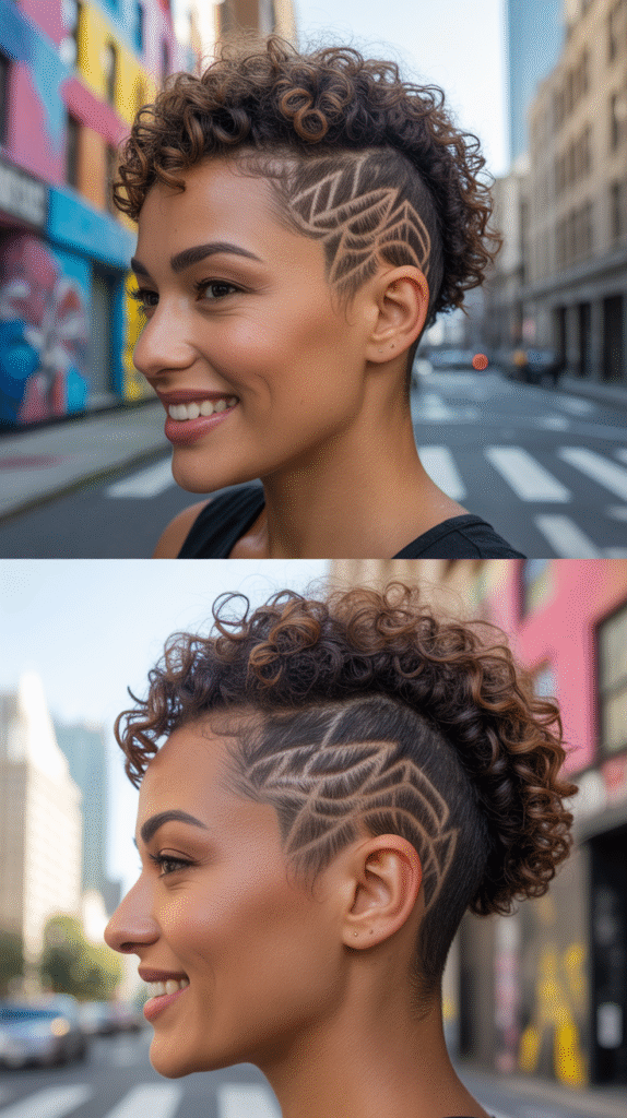  Curly Fade with Temple Design