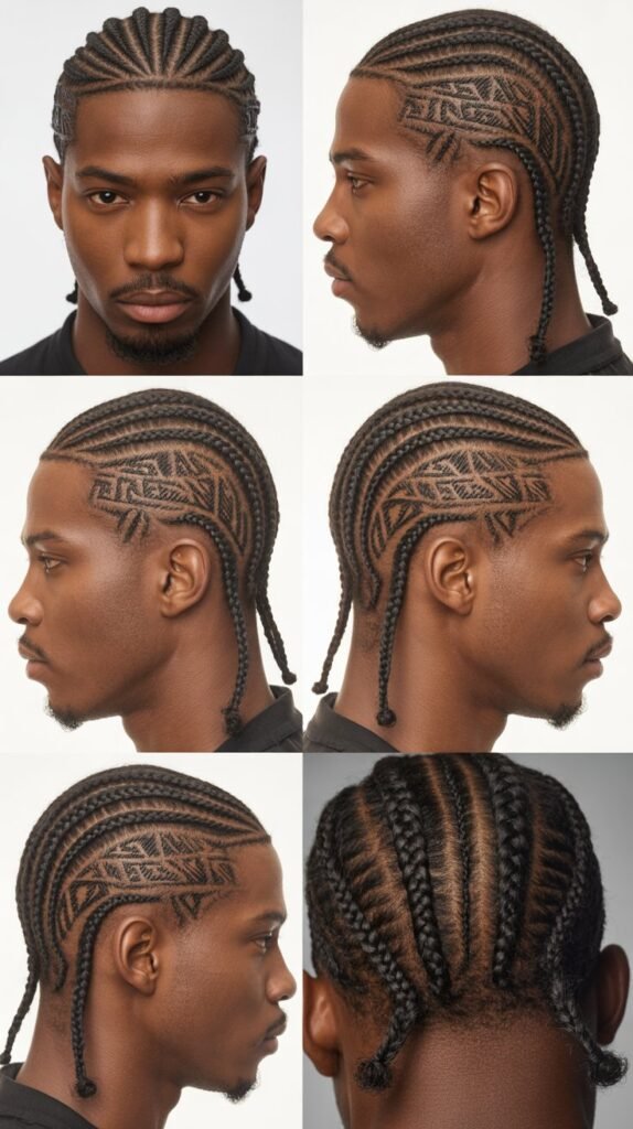 Shadow Fade Cornrows With Tribal Patterns