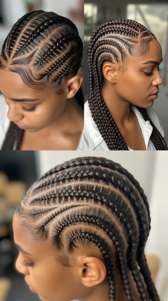 Dark Chocolate Brown Cornrows in Geometric Patterns