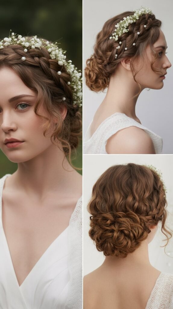  Braided Crown with Low Curly Bun