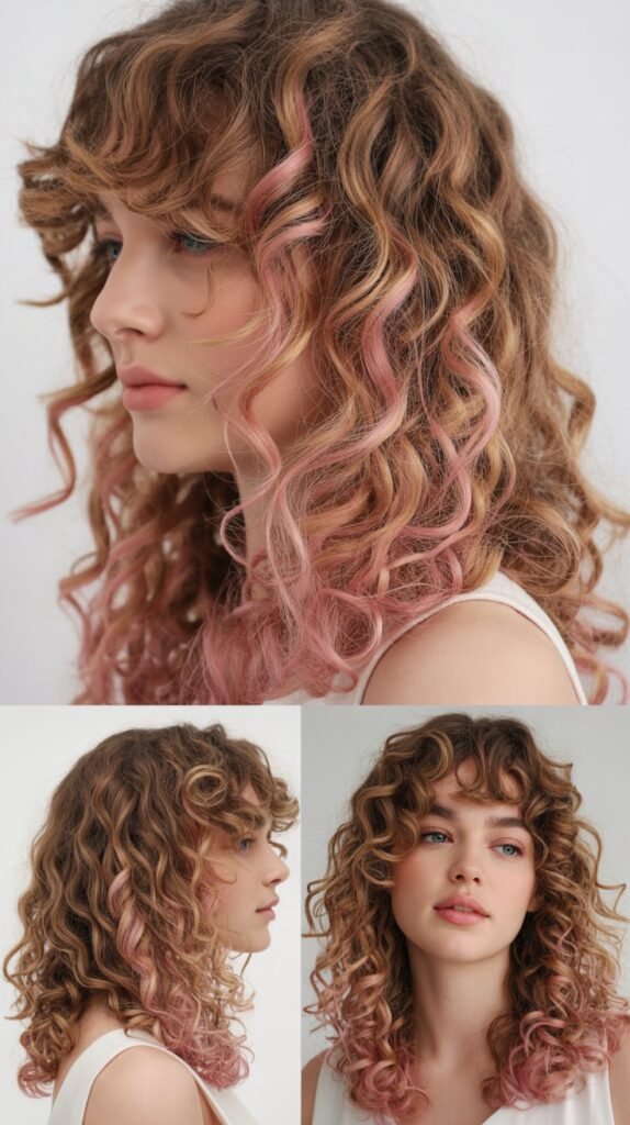 Pastel Pink Highlights on Light Brown Curls