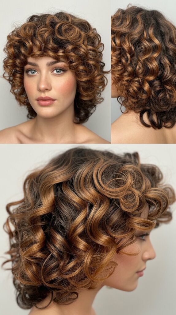 Chocolate Brown Lowlights on Caramel Curly Wig