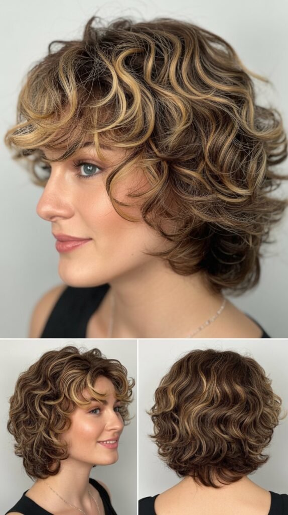  Champagne Blonde Highlights on Brown Curly Shag