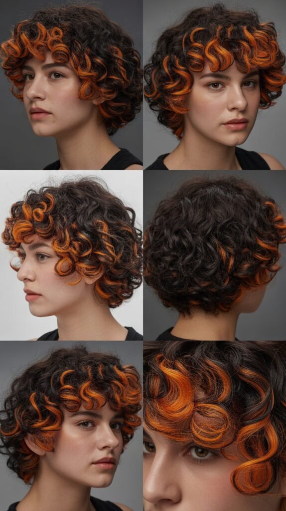 Flame Orange Highlights on Dark Curls