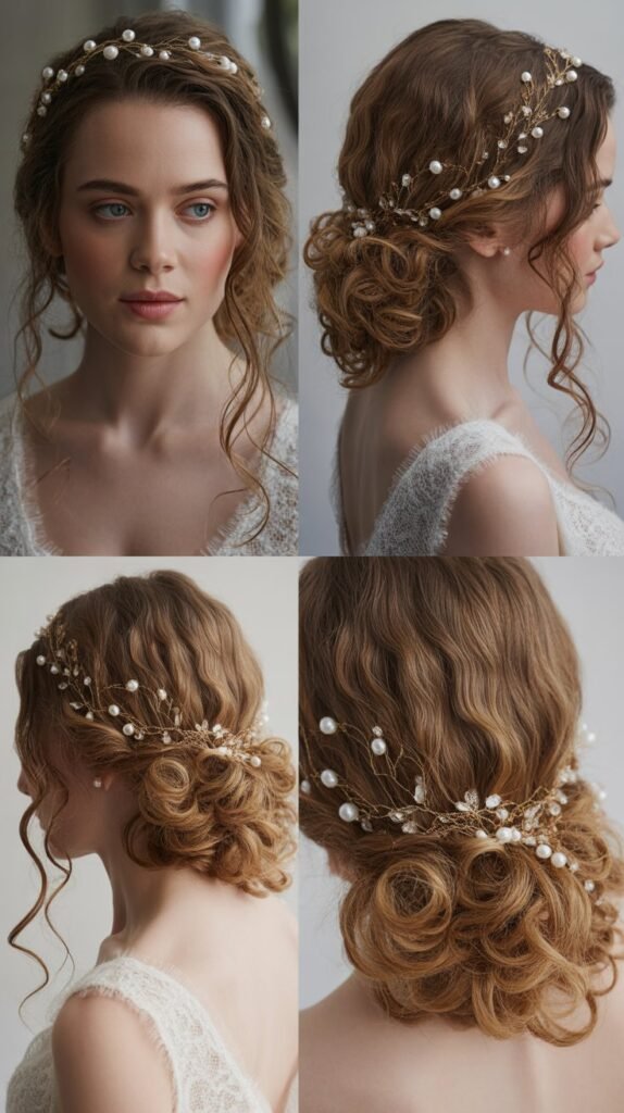 Realistic 4 image collage showing bride with loose curls and decorative hair vine, featuring front view with vine placement, side profile showing vine weaving through curls, back view of vine detail and flowing hair, and close-up of vine design with crystals or pearls