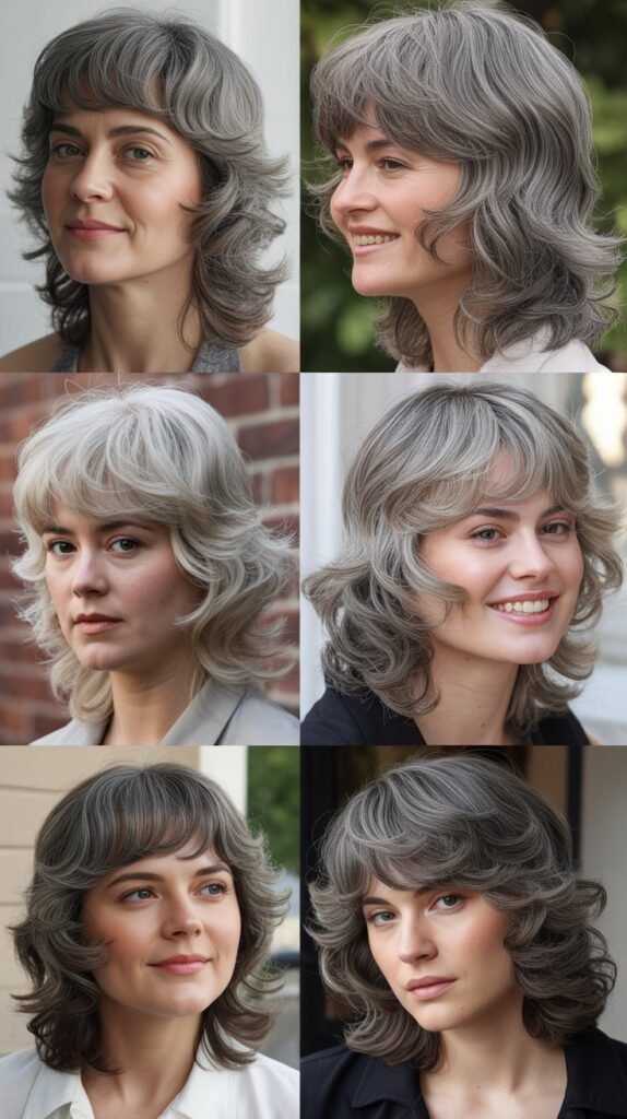  Feathered Bangs with Gray Shoulder-Length Waves