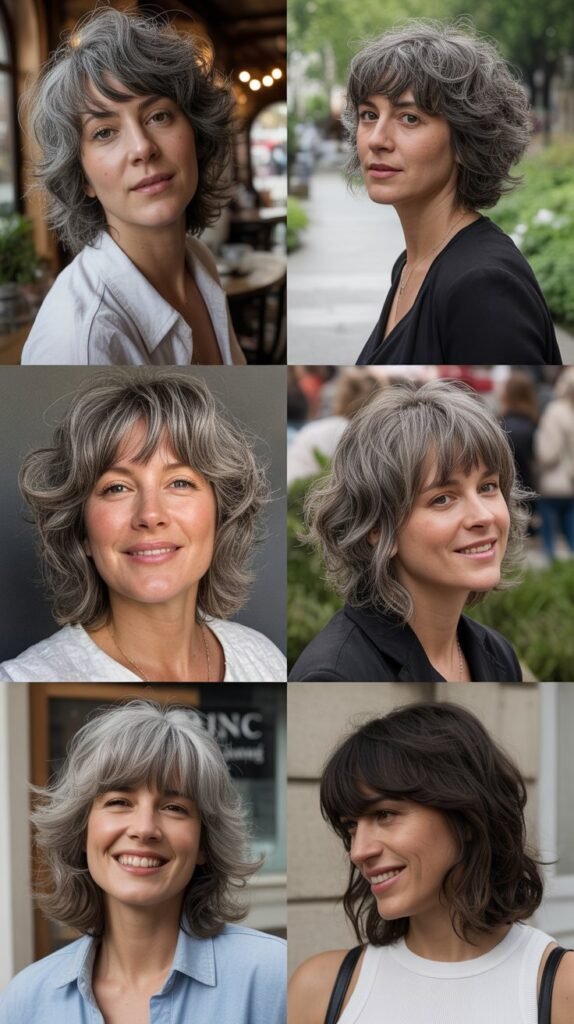 Piecey Bangs with Tousled Gray Medium Cut