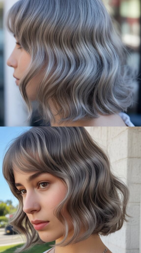 Baby Bangs with Shoulder Length Gray Waves