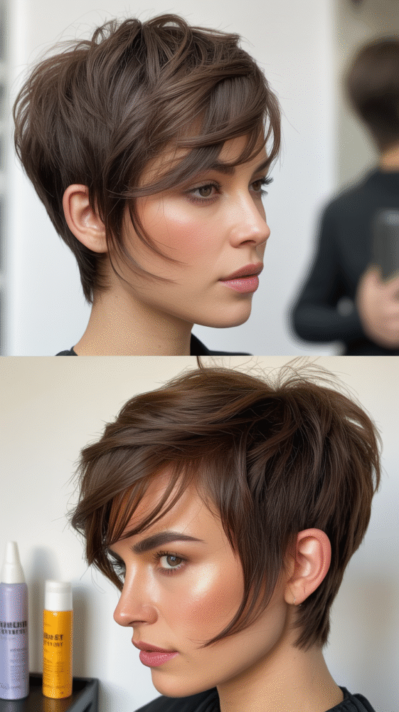 Asymmetrical Wispy Bangs With Layered Pixie