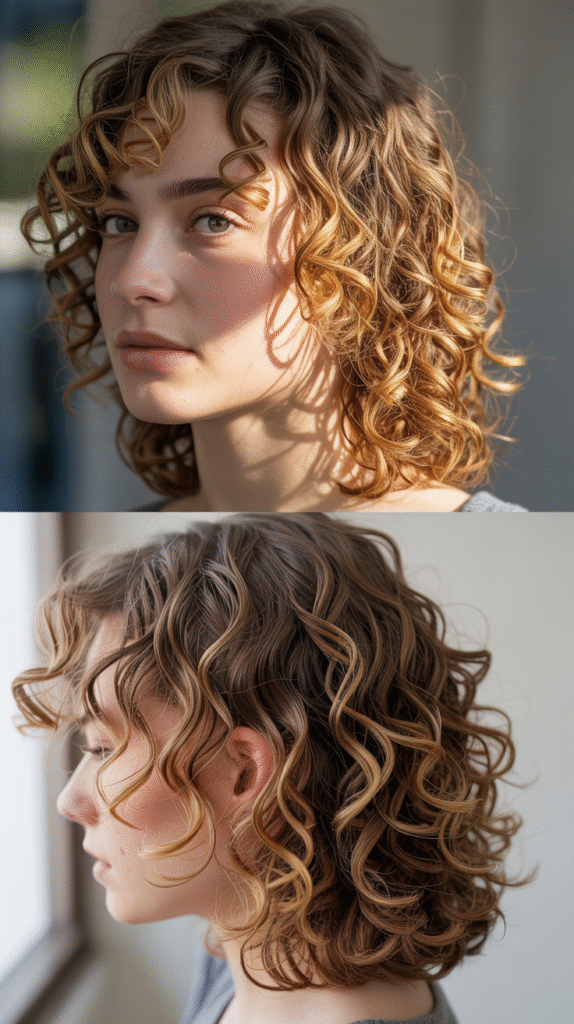 Shoulder-Length Curly Cut with Face-Framing Highlights