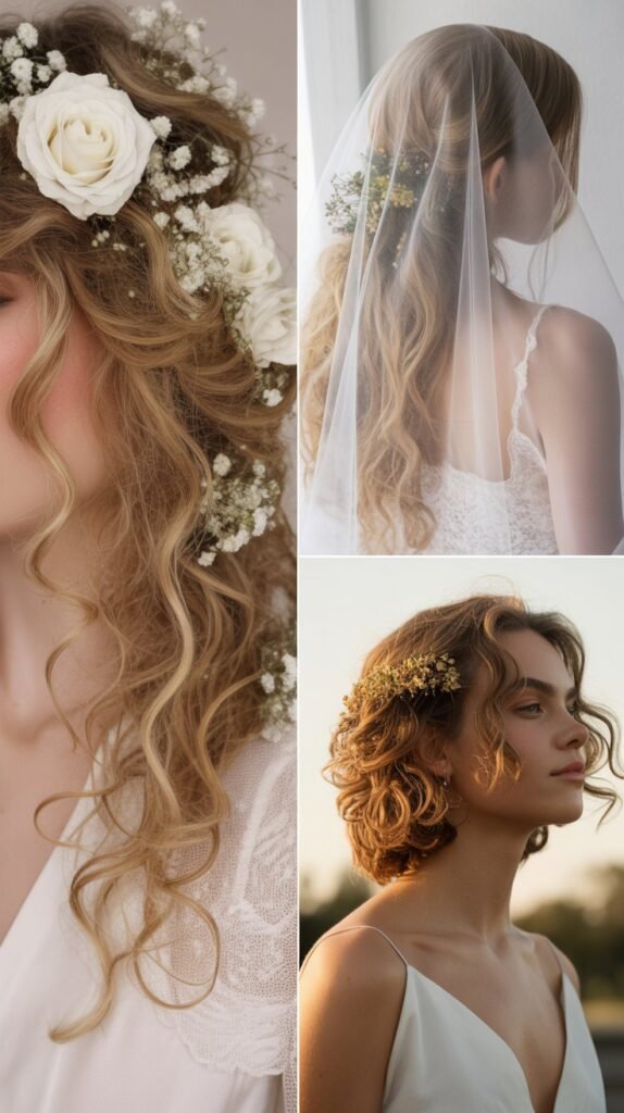 Loose Romantic Curls with Scattered Flowers and Waltz Veil