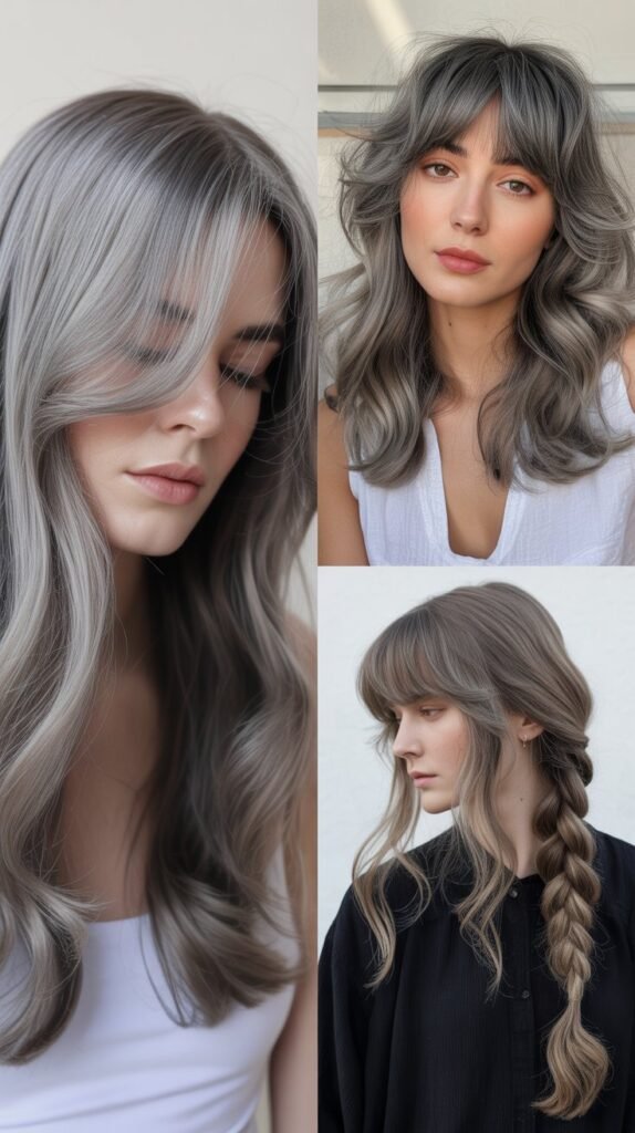  Swoopy Bangs with Long Gray Hair