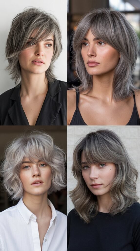  Asymmetrical Bangs with Gray Shag