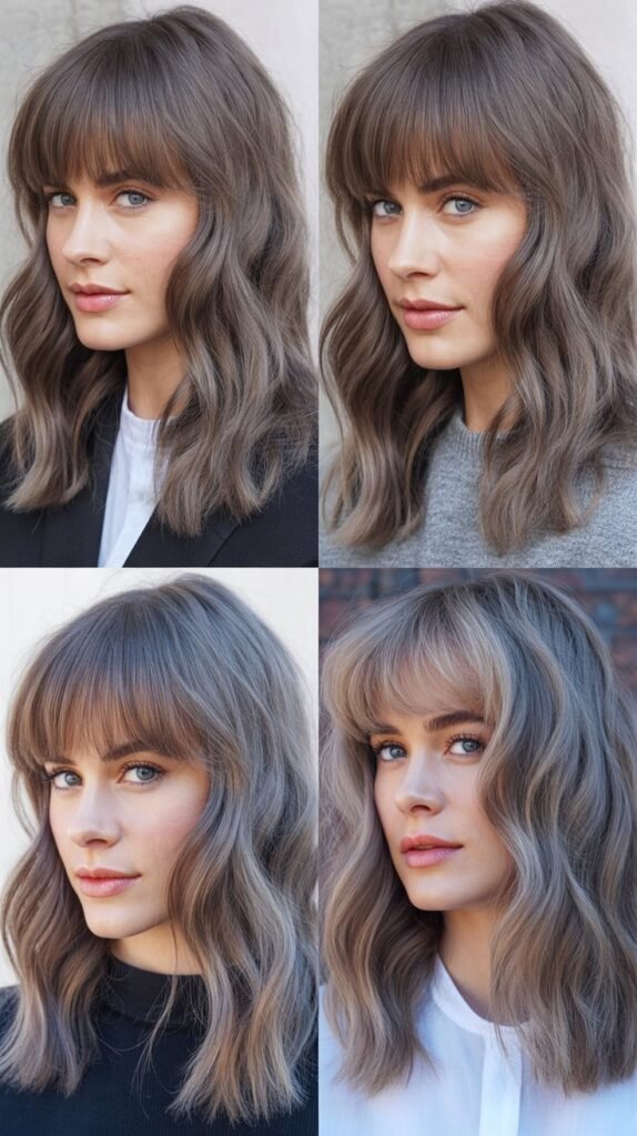 Rounded Full Bangs With Opal Gray Medium Waves