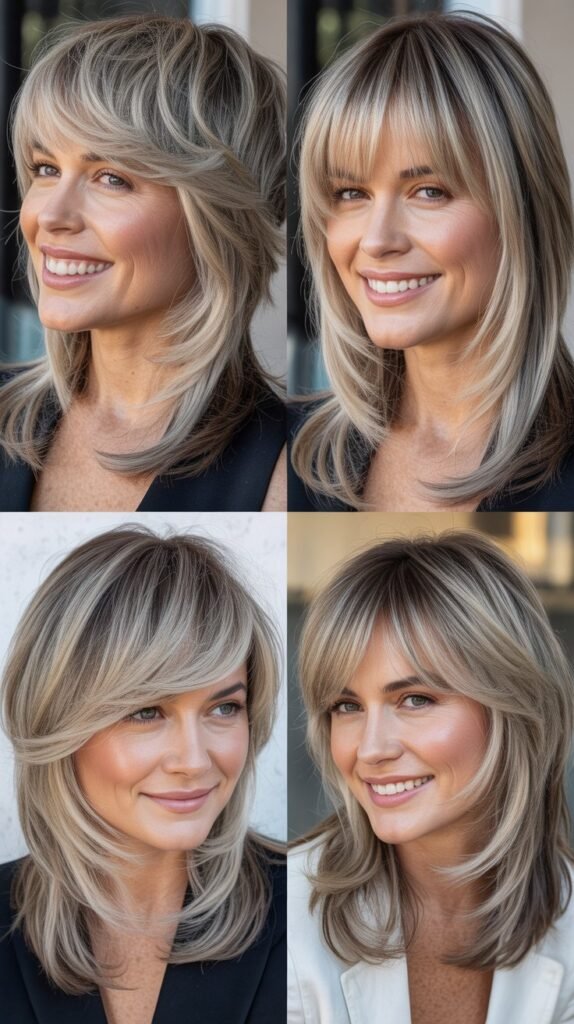 Layered Bangs With Ash Blonde-Gray Blend