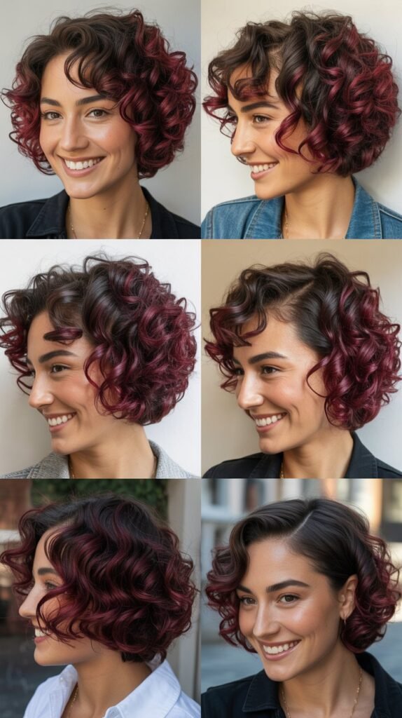  Burgundy Highlights on Curly French Bob