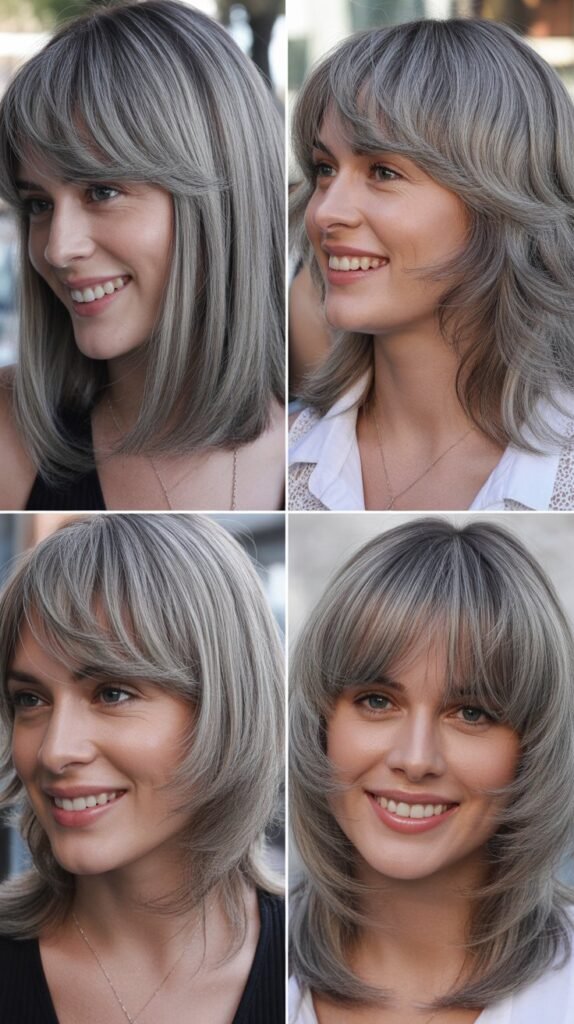 Feathery Wispy Bangs With Dove Gray Straight Hair