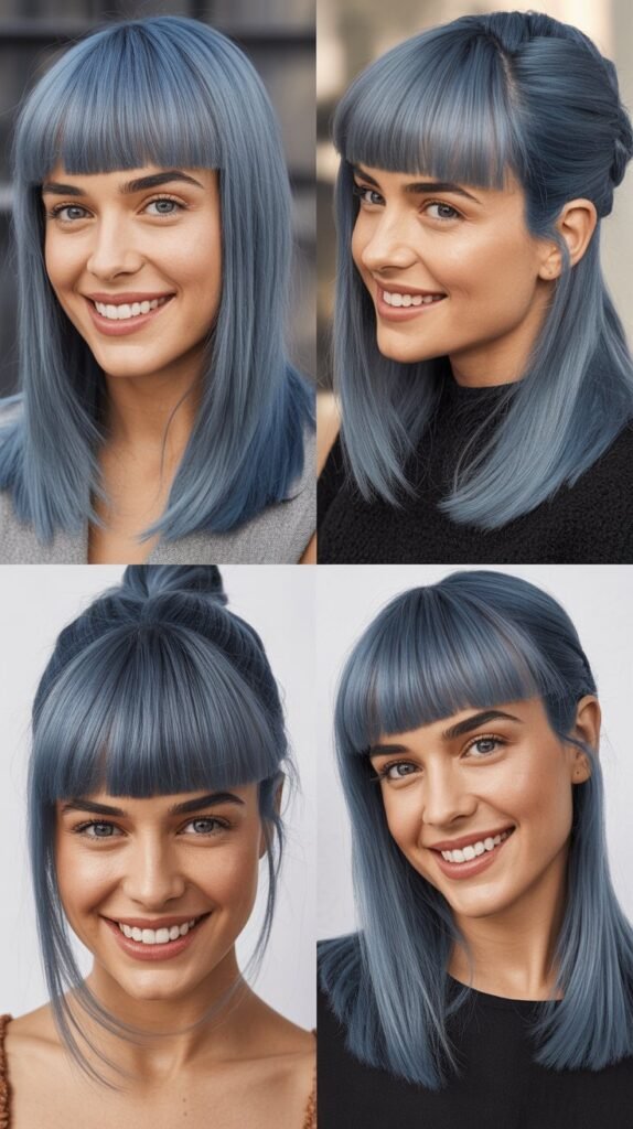 Curtain Bangs With Ice Blue-Gray Straight Hair