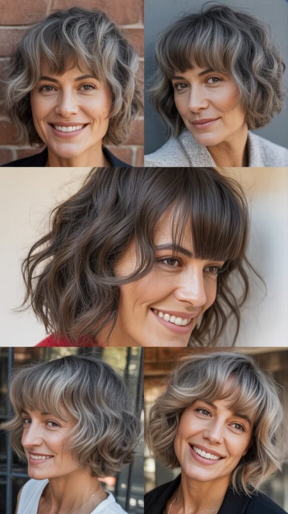 Choppy Asymmetrical Bangs With Gray Textured Lob