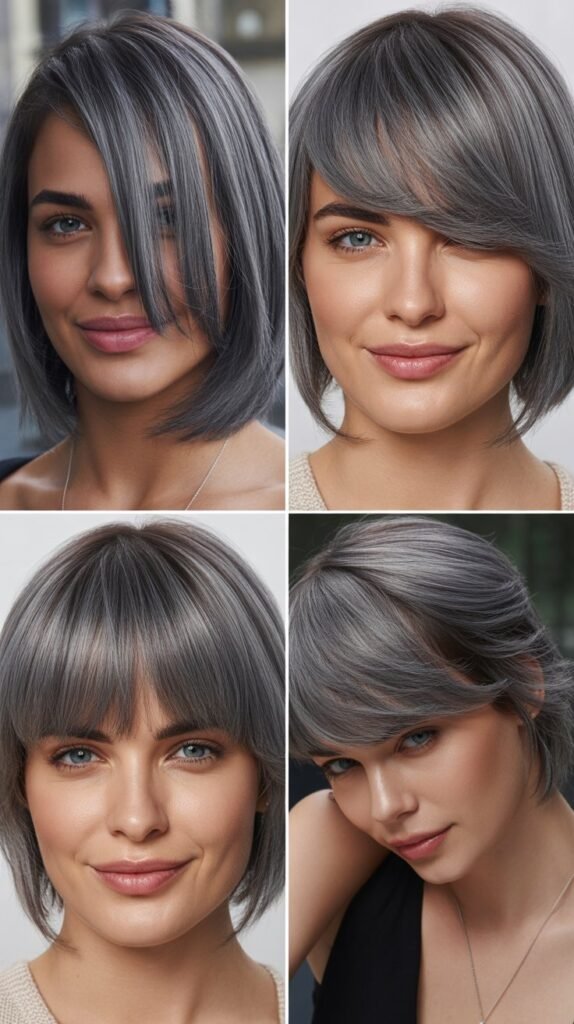 Elongated Side Bangs With Steel Gray Sleek Hair