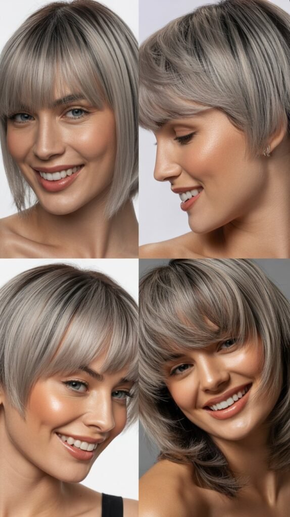 . Diagonal Bangs With Titanium Gray Layers