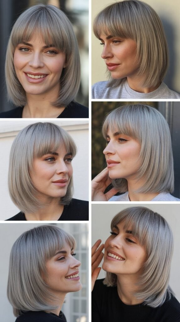 Disconnected Bangs With Frosted Gray Straight Hair