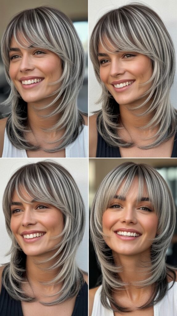 Graduated Bangs With Silver-Streaked Layers