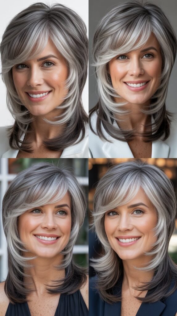 Feathered Side-Swept Bangs With Multi-Gray Layers