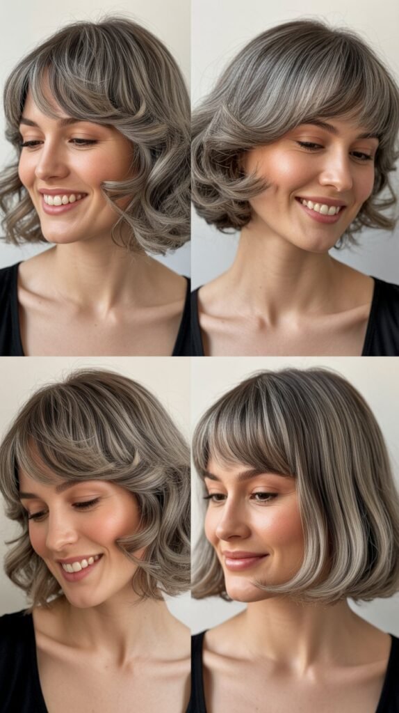 Soft Rounded Bangs With Gray Wavy Lob