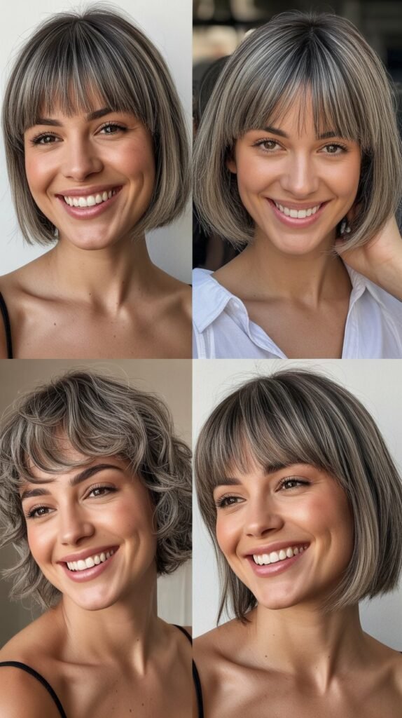 . Side-Swept Baby Bangs with Gray Textured Bob