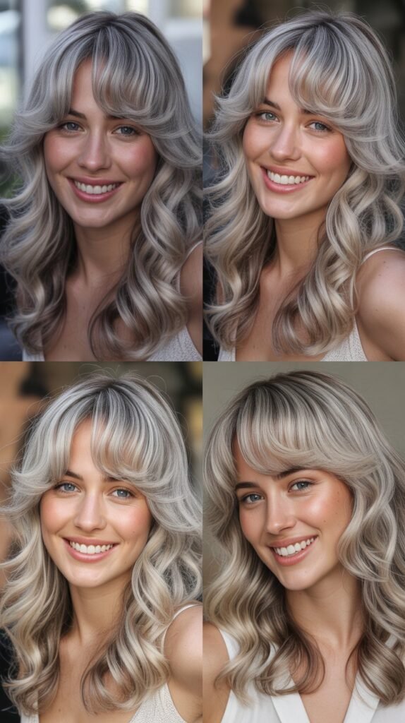 Wispy Curtain Bangs With Flowing Silver Waves