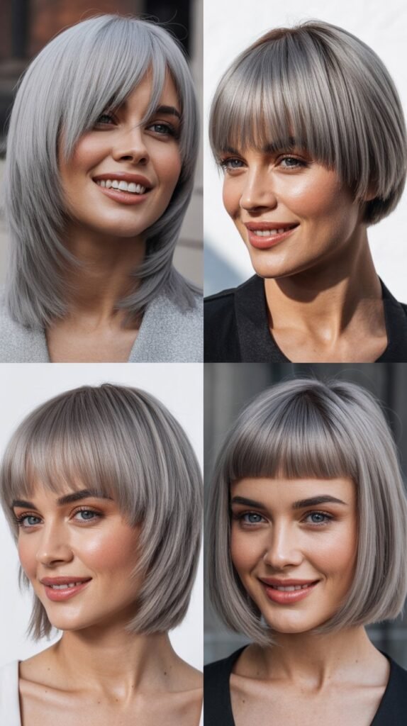 Blunt Asymmetrical Bangs With Pewter Straight Hair